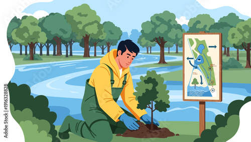Man Planting a Tree by the River for Environmental Conservation.