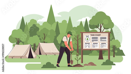 Man Planting a Tree in a Forest Camp.