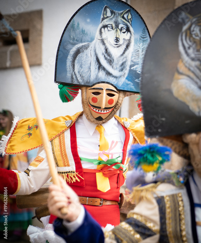 Galician Felos wearing traditional costumes in the Entroido Folkloric Carnival in the streets of a Galician Village