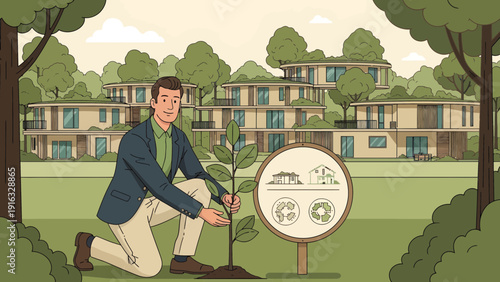 Man Planting a Tree in a Residential Area.