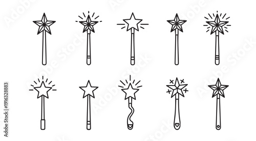 Ten Star Magic Wands Collection Isolated on White Background