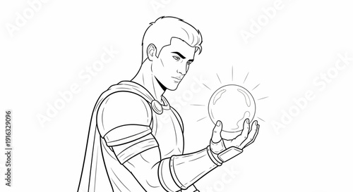 Heroic Man Holding Glowing Orb, Fantasy Warrior Character Line Art