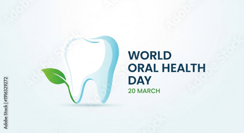 World oral health day illustration with tooth and green leaf on light blue background