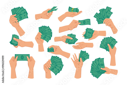 Hands holding money, counting banknotes, giving cash, showing dollar bills, human hands receiving payment, green currency