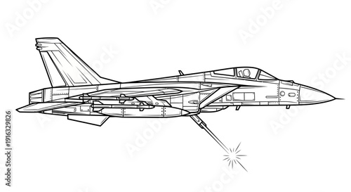 F-14 Tomcat Fighter Jet Line Drawing with Missile Launch