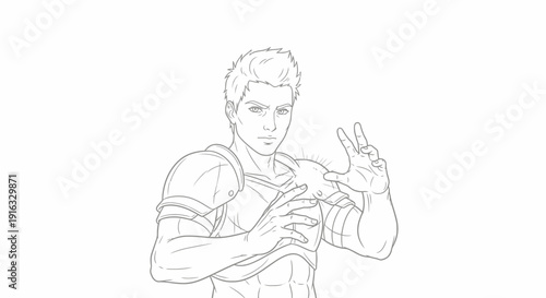Fantasy Warrior Male Character Line Art, Ready for Battle Pose