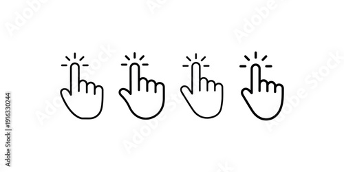 Clicking hand cursor icon set with index finger pointing up and motion lines indicating interactive element website navigation and user interface action
