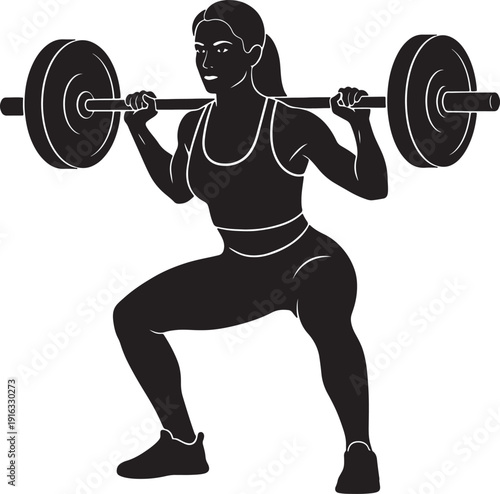 Black silhouette illustration of a strong female athlete performing a heavy barbell squat workout