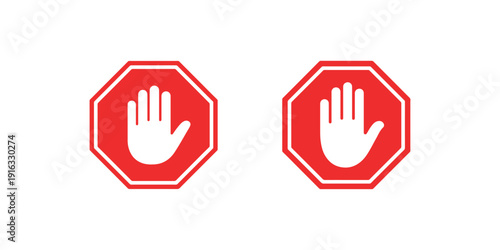 Stop sign hand icon set with red octagon background and white palm gesture for warning signal symbol isolated on white background for safety navigation