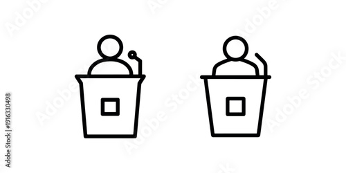 Two outline pictograms showing speaker standing behind lectern podium with microphone for debate presentation or public speaking event