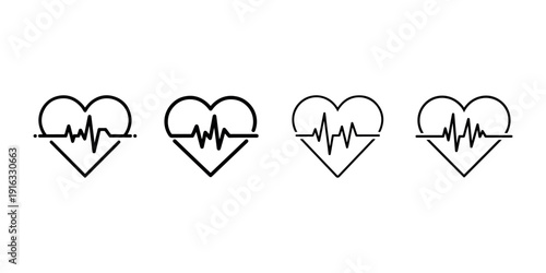 Set of four heart shaped line icons featuring electro-cardiogram or heartbeat line for medical health or cardiology design elements