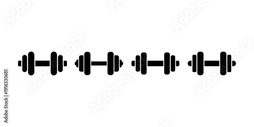 Row of four solid black stylized dumbbells showing increasing weight levels for fitness workout exercise or strength training equipment