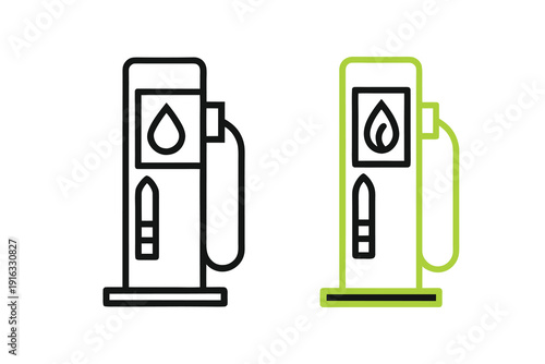 Gas station pump icons set in outline and solid styles for fuel and energy concepts