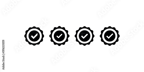 Set of four black silhouette approval seals or badges featuring a check mark inside circle emblem representing quality