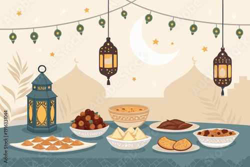 Elegant Evening Iftar With Food And Lantern Premium Digital Asset