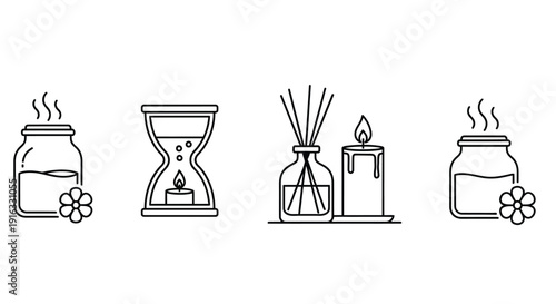 Line art icons depicting various aromatherapy tools including scented jars diffuser and hourglass for spa settings
