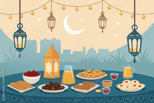 Featuring Evening Iftar With Food And Lantern Crisp High-Quality Stock Image