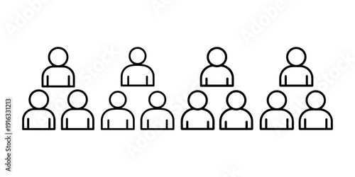 Group of nine simple human figures arranged in two rows representing teamwork collaboration meeting or organizational structure concept