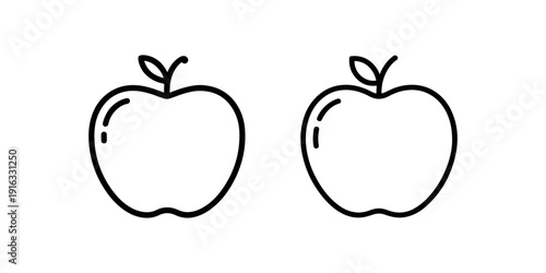 Two simple line art drawings of ripe apples with stems and leaves on a plain background illustrating fresh fruit