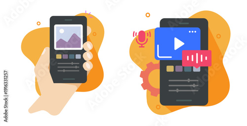 Mobile video editor icon vector, photo image content creation on smartphone phone modern graphic illustration design, social media vlog blogger software, movie recording cellphone app on screen
