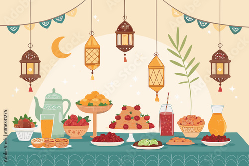 Crisp Iftar Table With Desserts Fruits And Drinks Creative Visual
