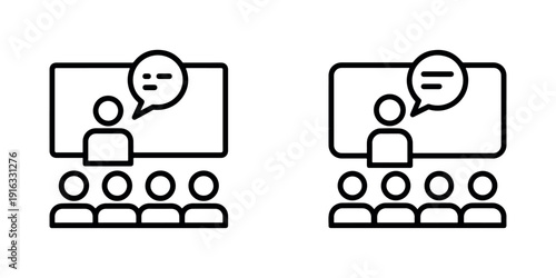 Outline icons comparing presentation at board with speaker talking to audience members versus single instructor teaching small crowd
