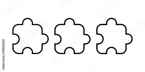 Set of three jigsaw puzzle pieces icons in black outline for connection or problem solving concept