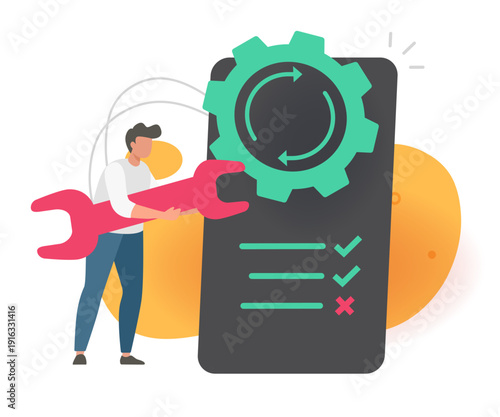 Repair smartphone service icon, man person maintenance mobile cell phone vector modern, technician fixing cellphone wrench, troubleshooting assistance support, diagnostic system configuration check
