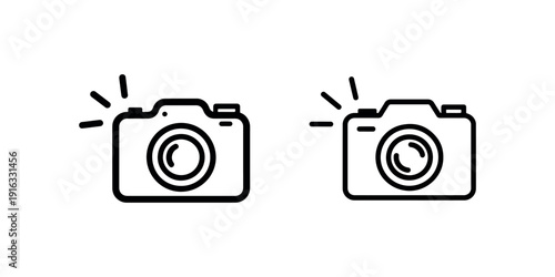 Two simple black outline icons representing a camera with flash in different horizontal orientations on white background