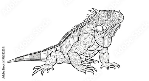 Detailed Line Art Drawing of a Muscular Green Iguana, Reptile Illustration
