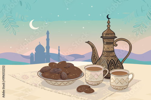 Beautiful Ramadan Food With Dates And Arabic Cof Premium Digital Asset