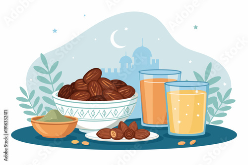 Ramadan Food Still Life With Dates And Drinks High-Quality Stock Image Great for Commercial Projects