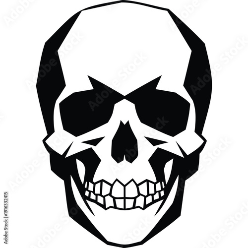 Stylized Black & White Skull Graphic: Modern Geometric Human Skull Illustration, Minimalist, Bold Design for T-shirts, Posters, Art
