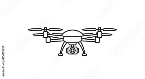 Drone quadcopter with camera, line art icon, isolated on white background