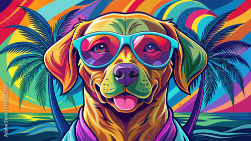 Very beautiful close-up colorful Labrador retriever wearing oversized reflective sunglasses, vibrant rainbow fur highlights with smooth detailed texture, bold centered 