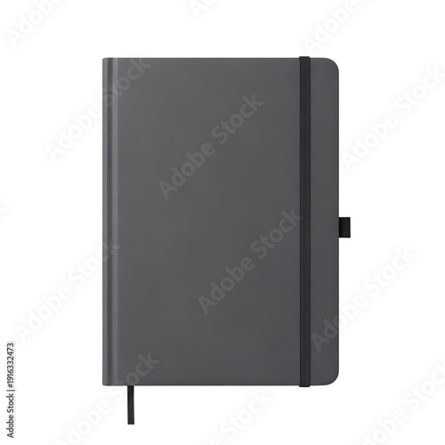 A dark gray notebook with elastic closure standing upright on a plain white background from a front viewpoint