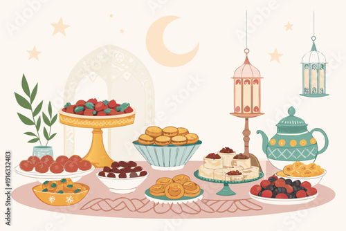 Dynamic Ramadan Food Table With Fruits And Desserts Eleg Premium Digital Asset