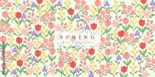 Spring horizontal banner with hand drawn bloom flowers of field. Perfect for spring holidays, Mother's Day, Easter, Women's Day. Background with beautiful meadow flowers. Vector illustration.