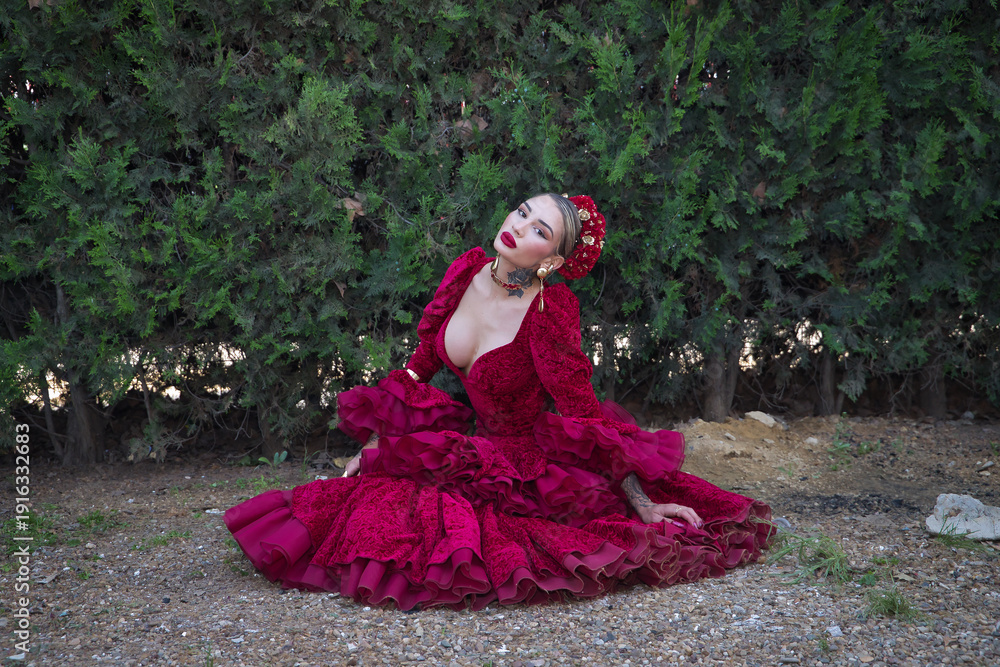 Fototapeta premium Young, beautiful, blonde woman in red flamenco dress, flowers in her hair and gold jewelry, performing flamenco poses sitting on the ground with green plants in the background. Concept dance, art.