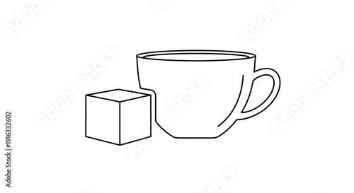 Coffee cup and sugar cube line art icon, simple illustration, isolated on white background