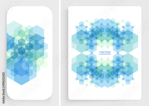 Abstract geometric background. Translucent pattern of overlapping geometric shapes. Transparent colored hexagons. Copy space. Template for poster, flyer, banner, card or cover. Vector illustration.