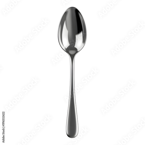 A shiny metal spoon lies on a clean surface viewed directly from above