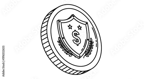 Coin with Shield, Dollar Sign, Stars, and Laurel Wreath - Security and Finance Concept