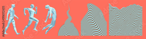 3D model of a human body stepping forwards. Jumping man. Running man or marathon runner. Design for sport. Models of polygonal people in different poses. Optical illusion. Vector illustration.