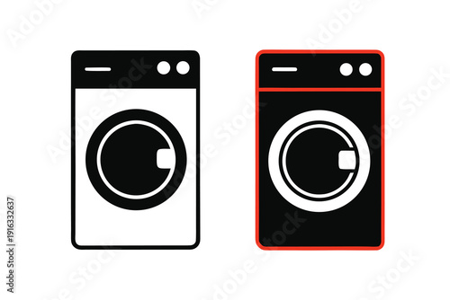 Washing machine icons set with outline and solid versions for laundry and home appliance design