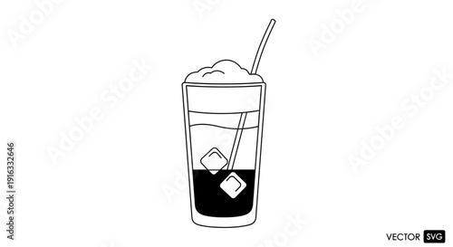 Black and White Line Art of a Refreshing Iced Coffee with Foam and Ice Cubes