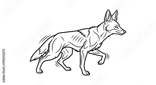 Black and White Line Drawing of a Walking Jackal