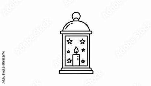 Black and White Line Art of a Lantern with a Candle and Stars