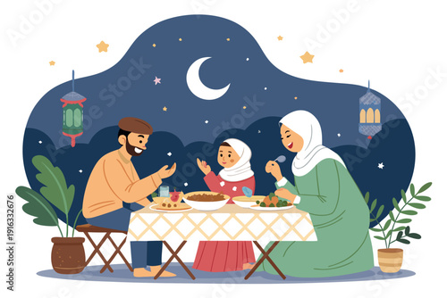 Crisp Traditional Iftar Scene With Family Meal Setup High-Quality Stock Image