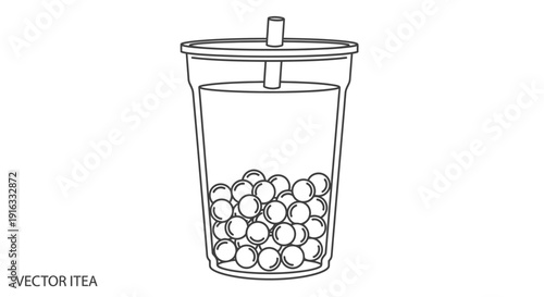 Bubble Tea Cup Line Art Vector Illustration: Refreshing Drink with Tapioca Pearls